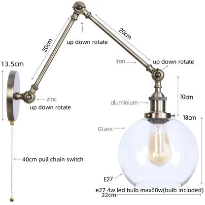Adjustable brass-finished industrial swing arm loft lamp with spherical glass globe and e27 led bulb for bedroom decorbites industrial swing