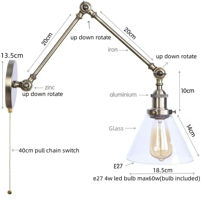 Adjustable industrial swing arm loft lamp with brass-finished iron and aluminum arm and clear glass shade for decorbites industrial swing
