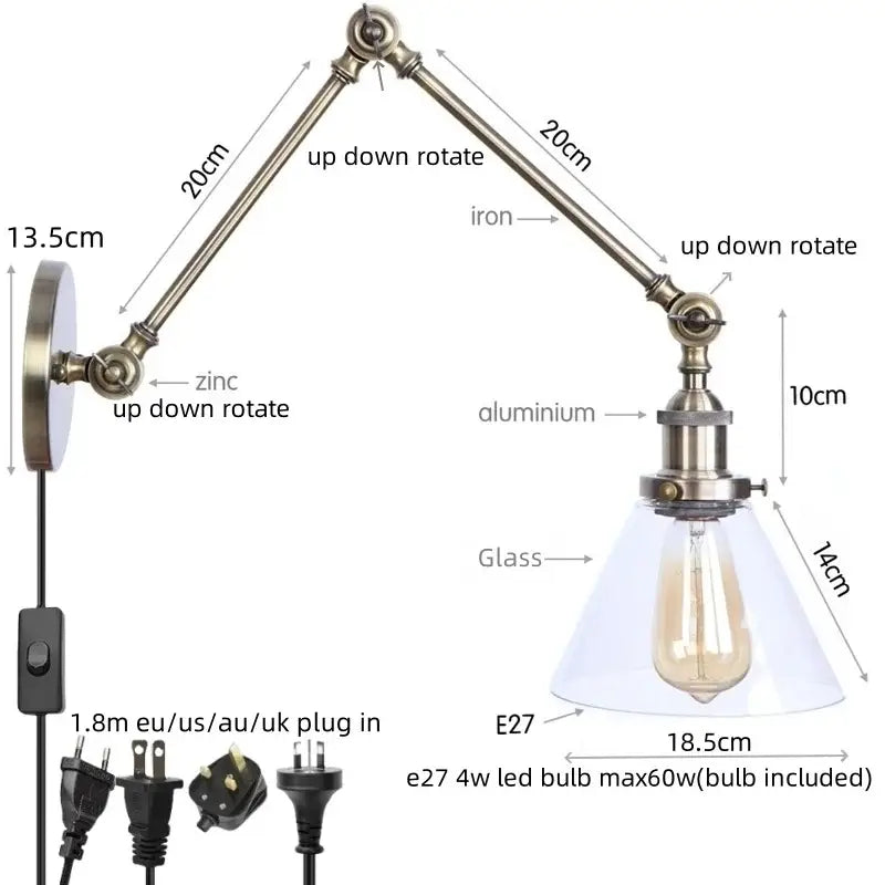 Adjustable industrial swing arm loft lamp with brass-finished iron and aluminum arm and clear glass shade for bedroom decorbites industrial swing