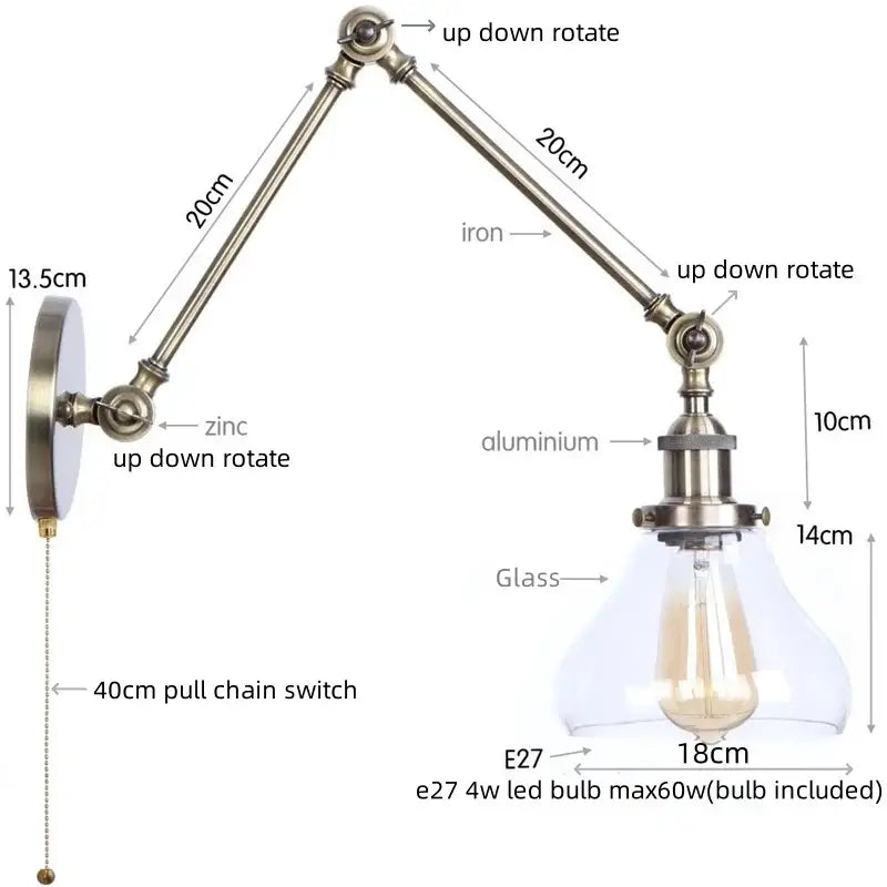 Adjustable industrial swing arm loft lamp with brass finish iron and aluminum arm and clear glass shade for bedroom decorbites industrial swing