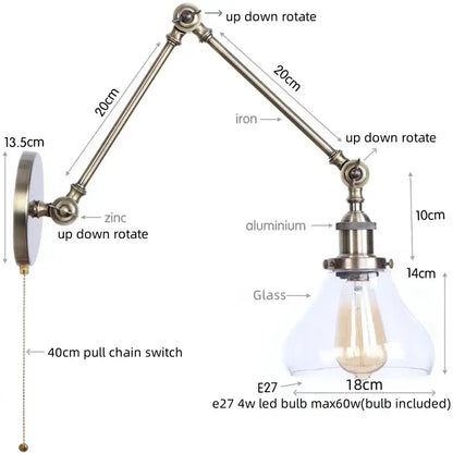Adjustable industrial swing arm loft lamp with brass finish iron and aluminum arm and clear glass shade for bedroom decorbites industrial swing