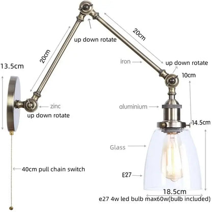 Adjustable industrial swing arm loft lamp with brushed brass finish iron and aluminum arm clear glass shade e27 led bulb