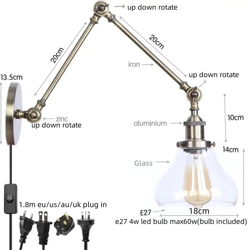 Adjustable industrial swing arm loft lamp with brushed brass finish iron and aluminum arm clear glass shade for bedroom decorbites industrial swing
