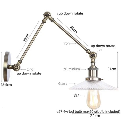 Adjustable industrial swing arm loft lamp with brushed brass finish, iron and aluminum arm, glass shade, and e27 led bulb