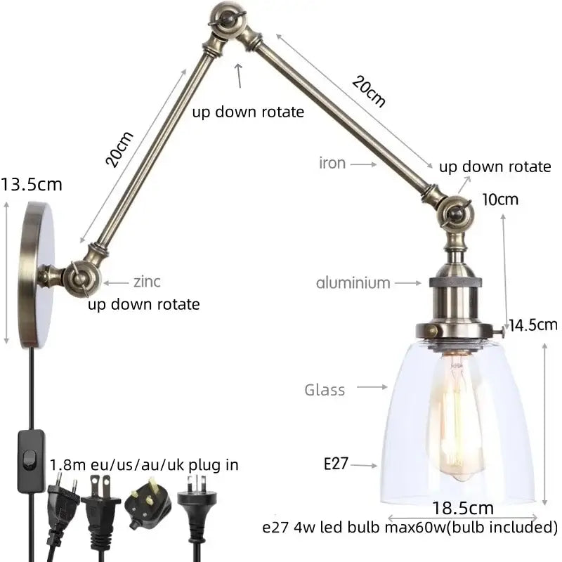 Adjustable industrial swing arm loft lamp with zinc and aluminum arm, clear glass shade, and e27 led bulb in antique brass
