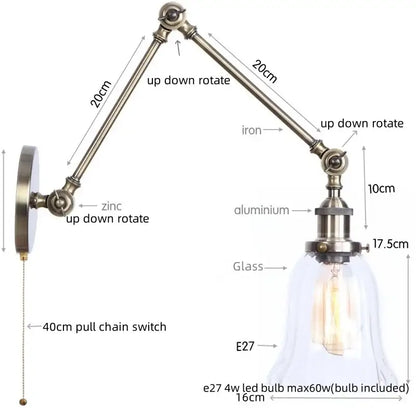 Adjustable industrial swing arm loft lamp with brass-finished metal arm and glass bell shade for bedroom decorbites industrial swing