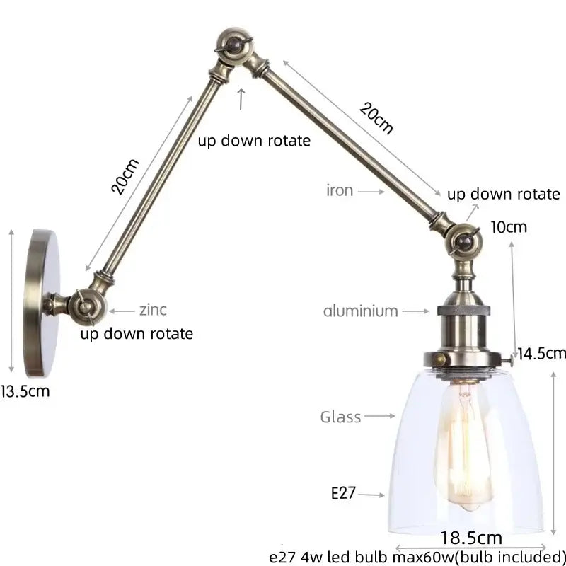 Adjustable industrial swing arm loft lamp with brass-finished zinc aluminum arm and clear glass shade for bedroom decorbites industrial swing