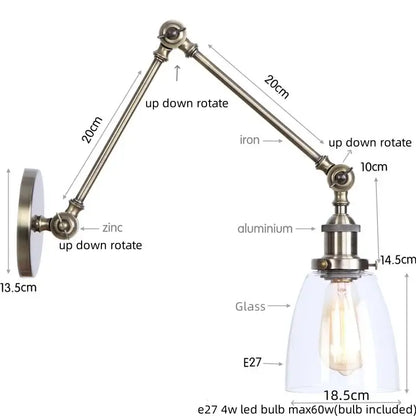 Adjustable industrial swing arm loft lamp with brass-finished zinc aluminum arm and clear glass shade for bedroom decorbites industrial swing