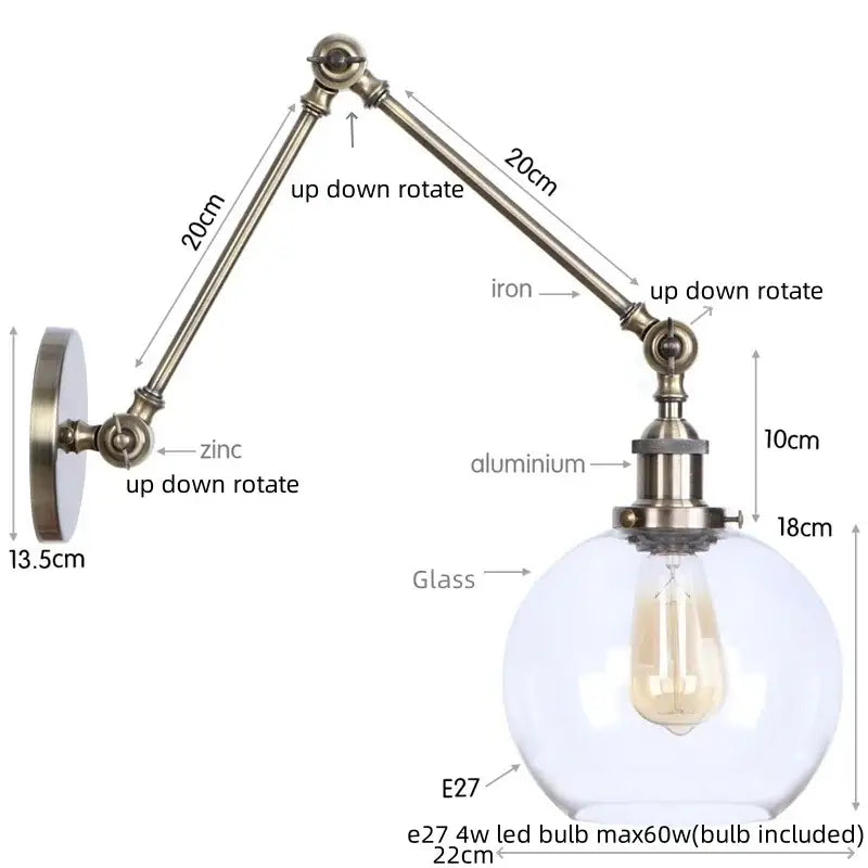 Adjustable brass finished industrial swing arm loft lamp with spherical glass globe and e27 led bulb for bedroom sconce decorbites industrial swing