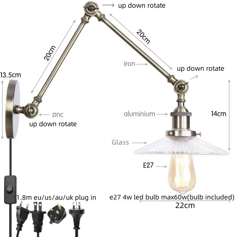 Adjustable industrial swing arm loft lamp with brass-finished iron and aluminum arm clear glass shade e27 led bulb