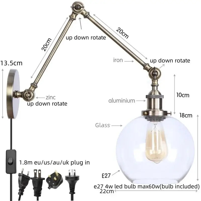 Antique brass industrial swing arm loft lamp with adjustable wall sconce and clear glass globe e27 led bulb decorbites industrial swing
