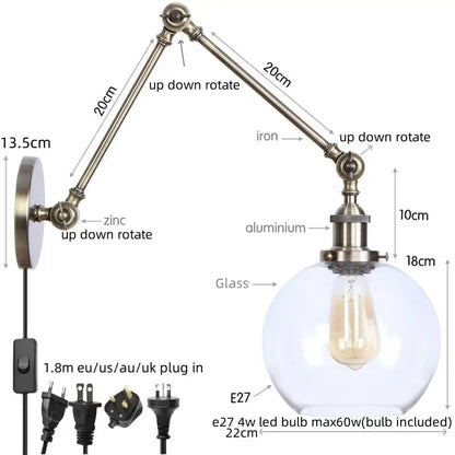 Antique brass industrial swing arm loft lamp with adjustable wall sconce and clear glass globe e27 led bulb decorbites industrial swing