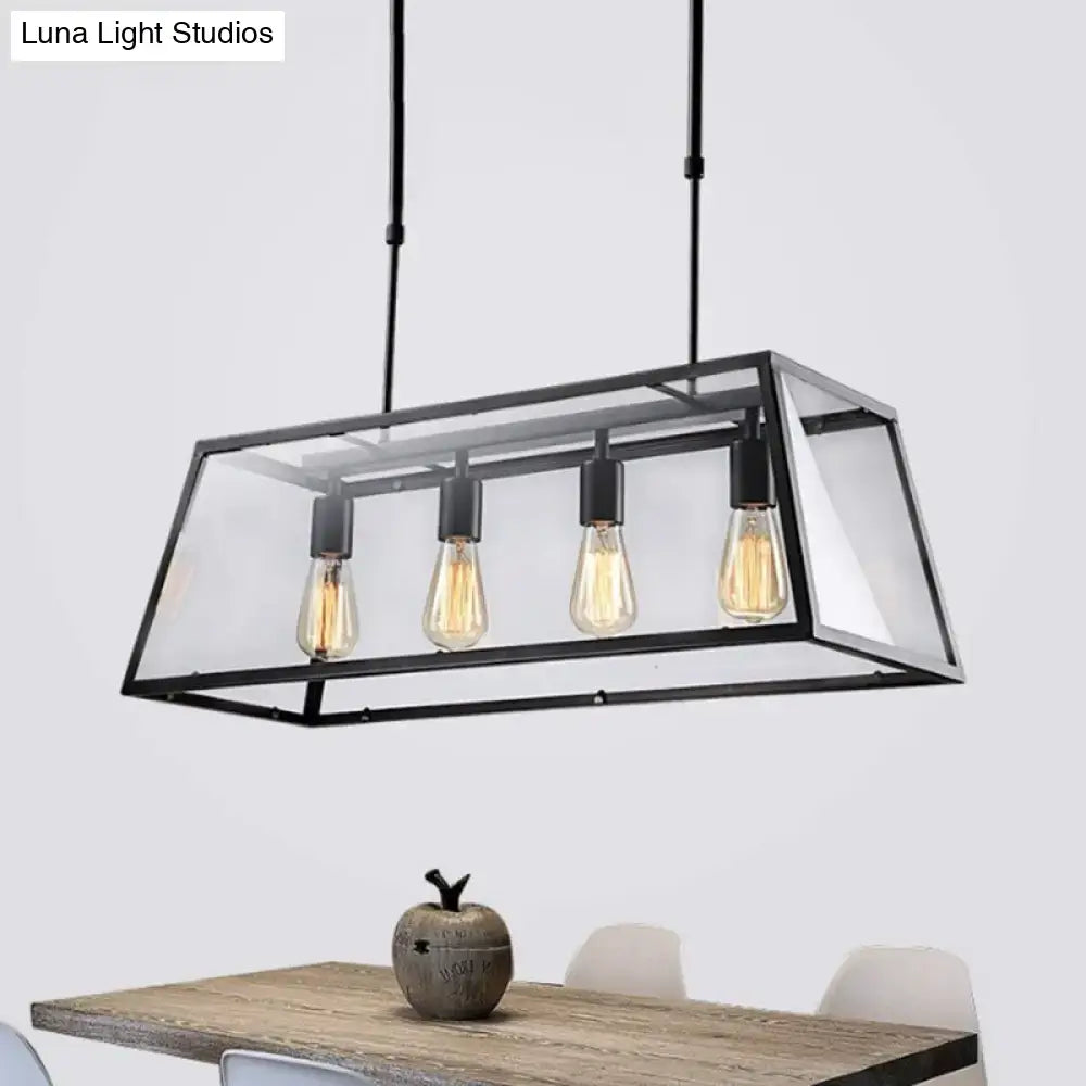 DecorBites industrial trapezoid black metal pendant island lamp with clear glass panels and chain downrods