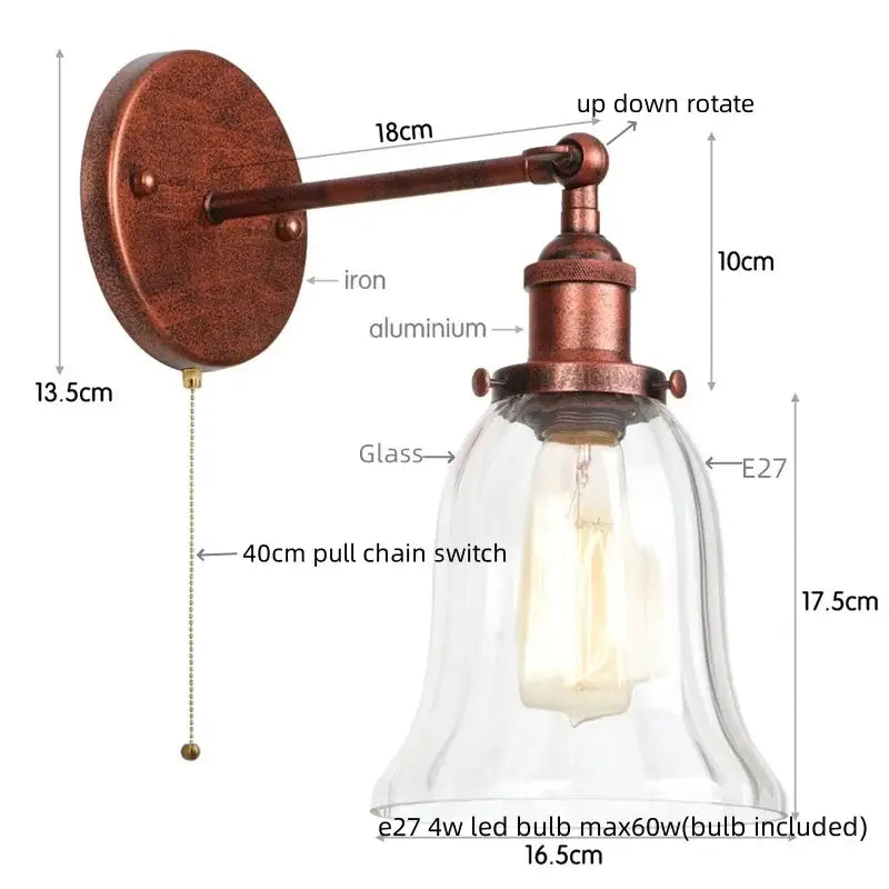 Antique brass wall sconce with clear glass bell shade and e27 led bulb for decorbites industrial vintage style lighting