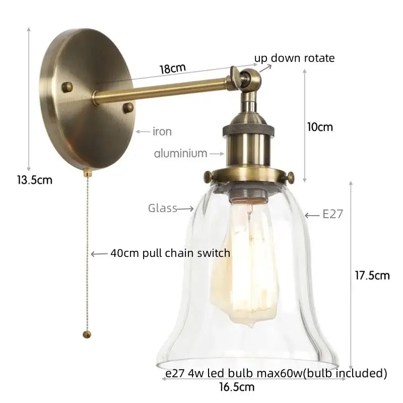 Antique brass wall sconce with clear glass bell shade and e27 led bulb for decorbites industrial vintage led bedroom decor