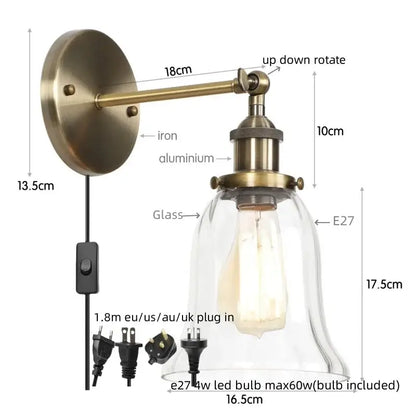 Industrial vintage antique brass wall sconce with clear glass bell shade and e27 led bulb for decorbites industrial vintage led decor
