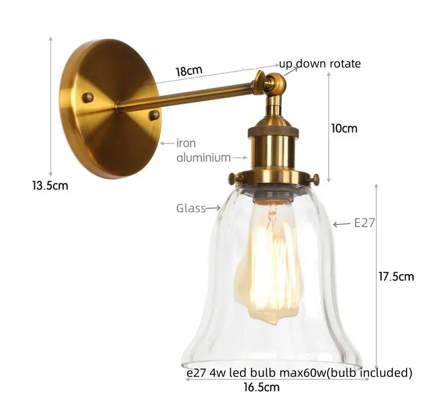Industrial vintage led brass finished wall sconce with clear glass bell shade and e27 led bulb for bedroom decorbites industrial vintage