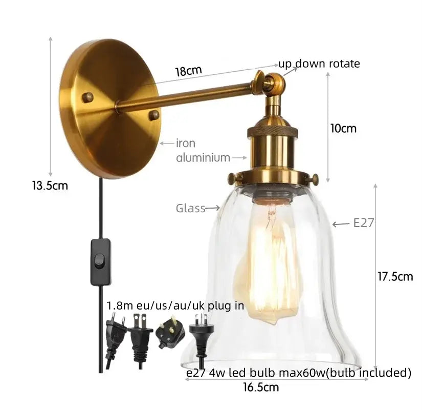 Industrial vintage antique brass wall sconce with clear glass bell shade and exposed edison bulb for bedroom decorbites industrial vintage