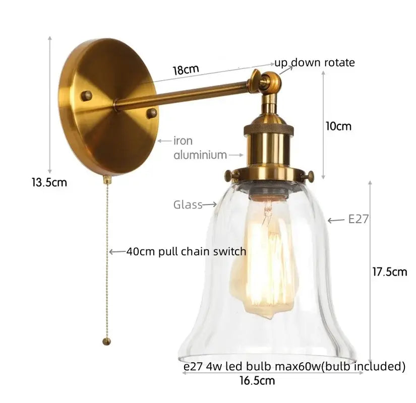 Brass-finished industrial vintage wall sconce with clear glass bell shade and e27 led bulb for bedroom decorbites industrial vintage led