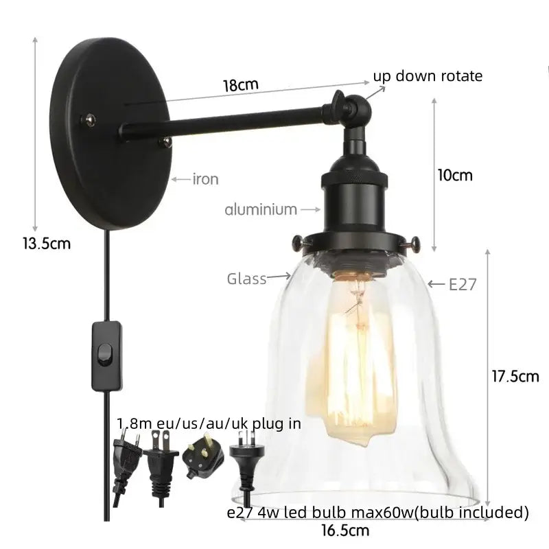 Black iron and aluminum industrial vintage led wall sconce with clear glass shade for decorbites industrial vintage decor