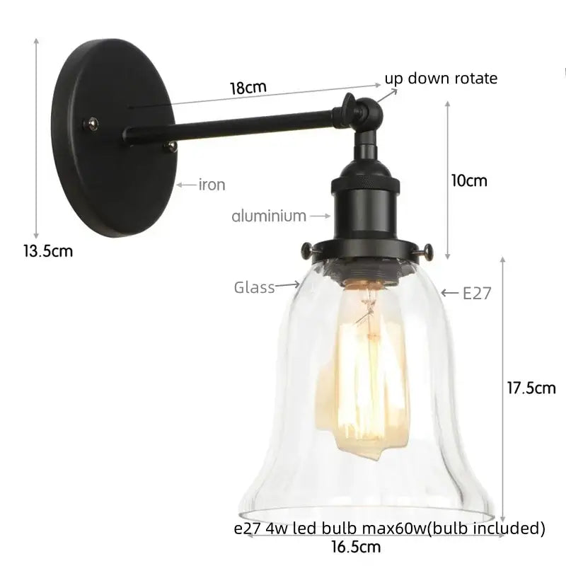 Industrial vintage led black iron and aluminum wall sconce with clear glass bell shade for bedroom decorbites industrial vintage