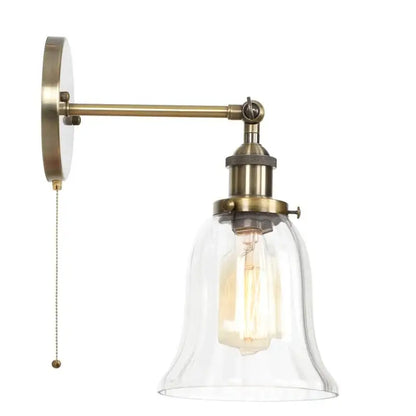 Antique brass wall sconce with clear glass bell shade and exposed filament bulb for decorbites industrial vintage led lighting