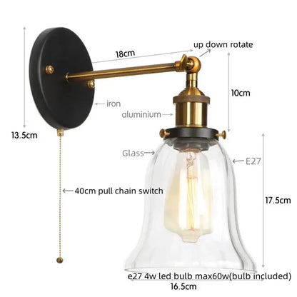 Industrial vintage antique brass wall sconce with black iron backplate and clear glass shade housing e27 led bulb by decorbites industrial vintage
