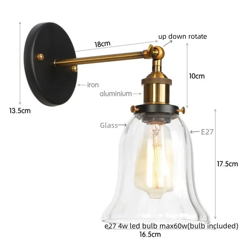 Industrial vintage antique brass wall sconce with black iron backplate and clear glass shade housing e27 led bulb decorbites industrial vintage