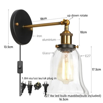 Industrial vintage antique brass wall sconce with black iron mount, clear glass shade, and e27 led bulb for decorbites industrial vintage decor