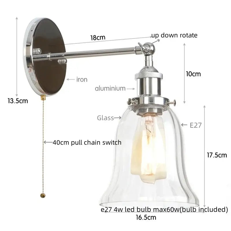 Industrial vintage led wall sconce with polished chrome aluminum arm iron mount and clear glass shade for decorbites decor