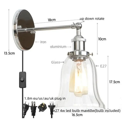 Industrial vintage antique brass wall sconce with chrome iron arm and clear glass shade housing e27 industrial vintage led bulb