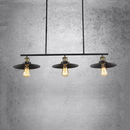DecorBites™ industrial indoor island pendant with three exposed Edison bulbs and vintage black metal shades 220v-240v 110v-120v