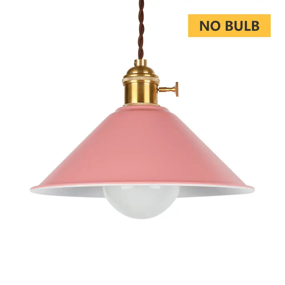 Pink conical pendant light with brass socket and braided cord featuring decorbites industrial vintage chandelier style