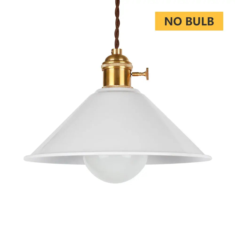 White enamel pendant light with brass-finished socket and brown twisted cord in decorbites industrial vintage style