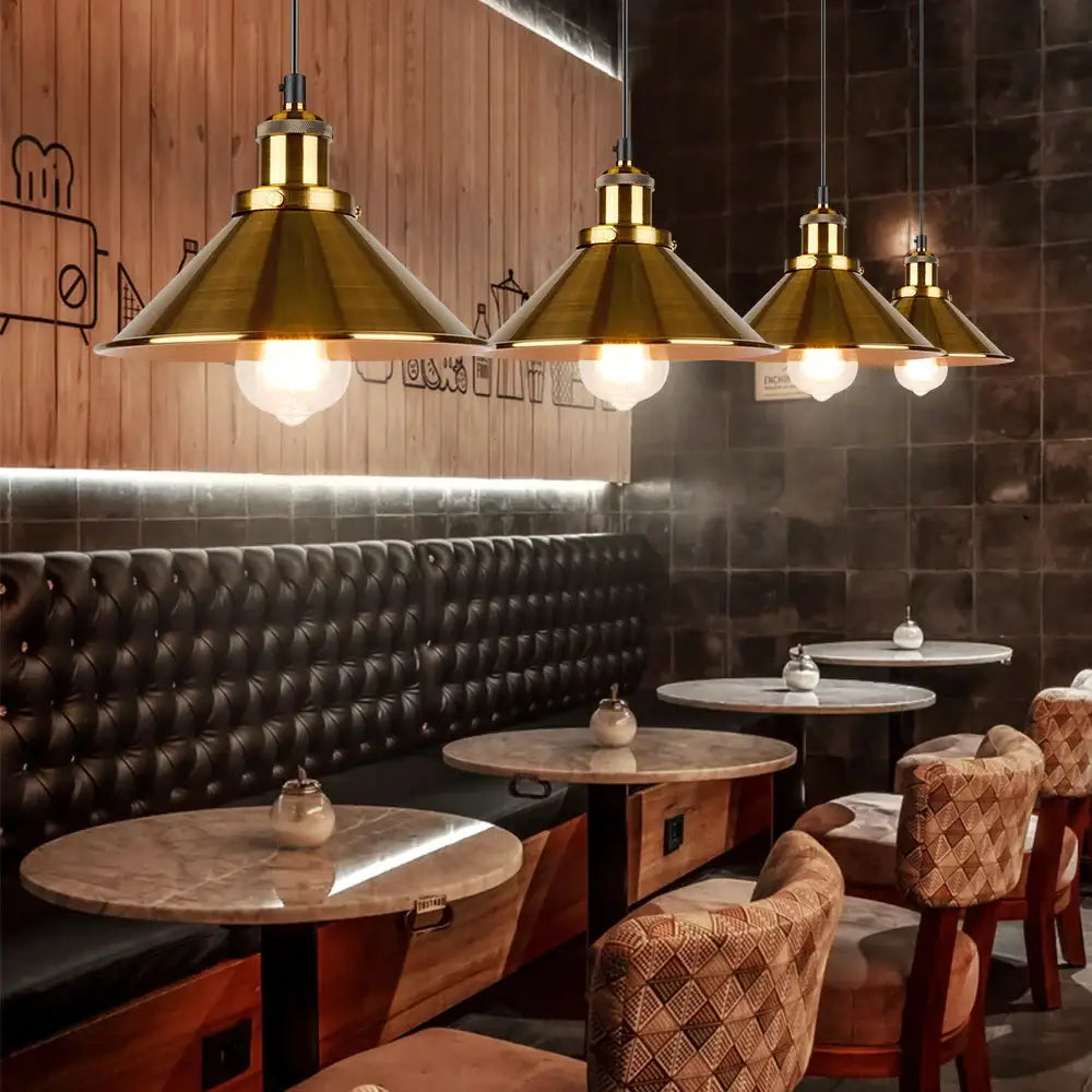 Brass pendant light with conical shades and exposed edison bulbs for dining room decorbites industrial vintage style
