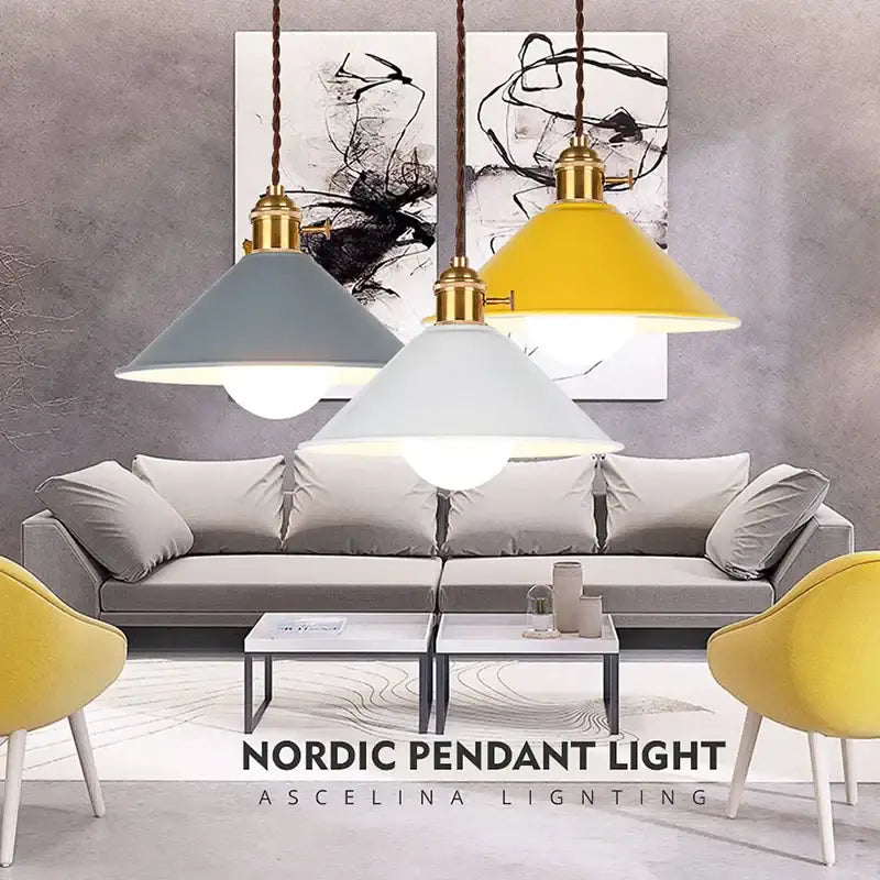 Three conical pendant lights in muted blue white and mustard yellow with brass fixtures decorbites industrial vintage style