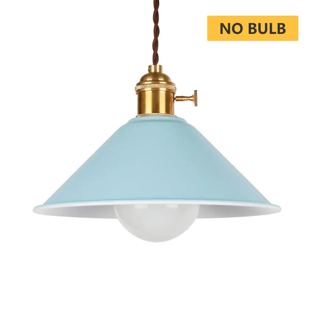 Light blue metal pendant light with brass fixture and brown braided cord decorbites industrial vintage chandelier
