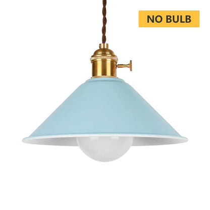Light blue metal pendant light with brass fixture and brown braided cord decorbites industrial vintage chandelier