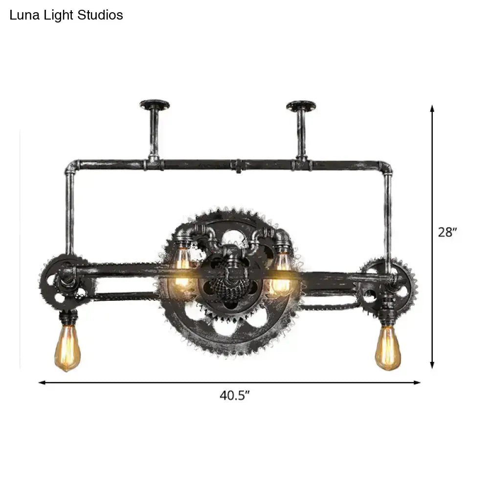 Industrial vintage black metal gear chandelier with three exposed filament Edison bulbs for dining room lighting