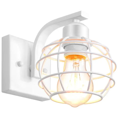 White industrial vintage wall light with iron cage design and exposed filament bulb for bedroom decorbites industrial vintage