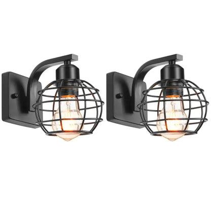 Black wrought iron cage wall light with exposed filament bulbs for bedroom decorbites industrial vintage style