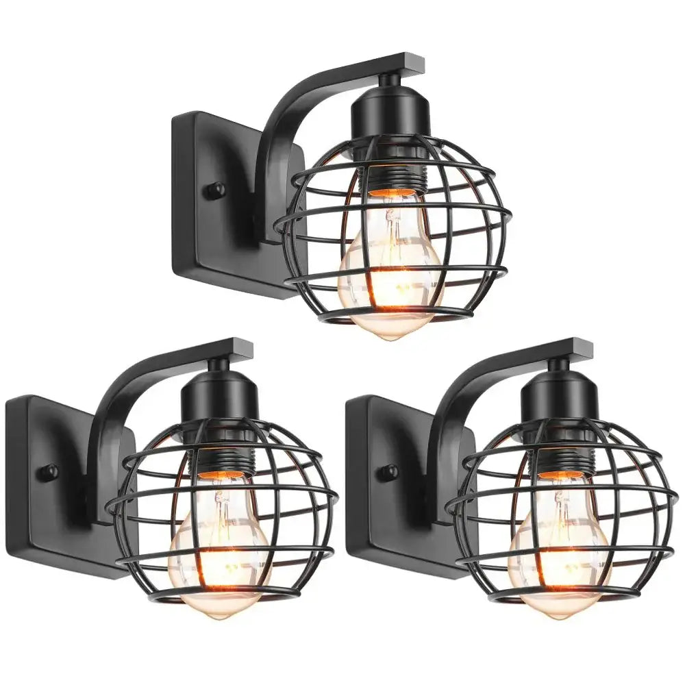 Industrial vintage black iron cage wall light with exposed filament bulb for bedroom decorbites wall light
