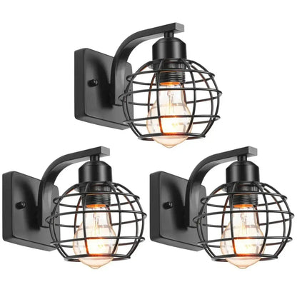 Industrial vintage black iron cage wall light with exposed filament bulb for bedroom decorbites wall light