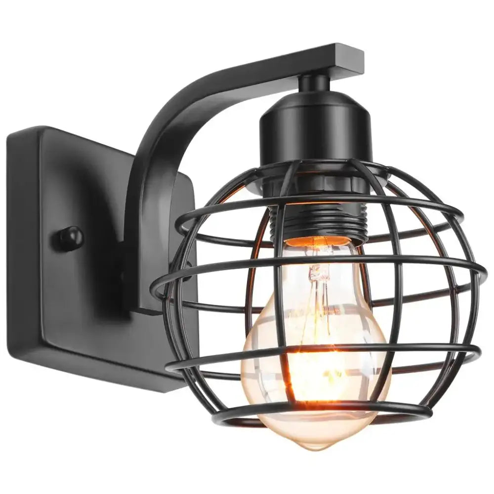 Industrial vintage black iron cage wall light with glowing filament bulb for bedroom decorbites wall light