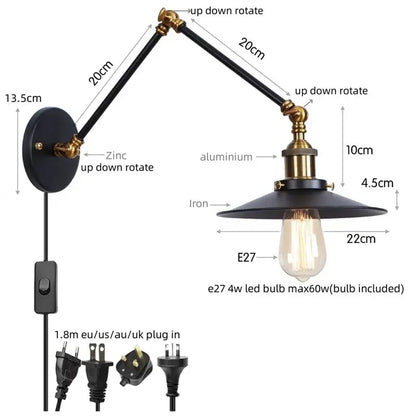 Industrial vintage black iron wall light with adjustable long arm and brass Edison bulb for bedroom decorbites black iron