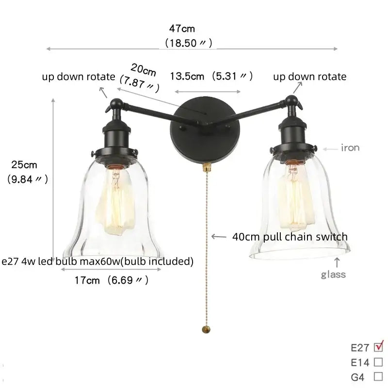 Black iron wall lamp with two clear glass bell-shaped shades and vintage edison bulbs decorbites black led wall sconce