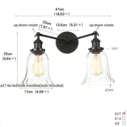 Black iron wall lamp with two clear glass bell shades and exposed edison bulbs decorbites black led wall sconce