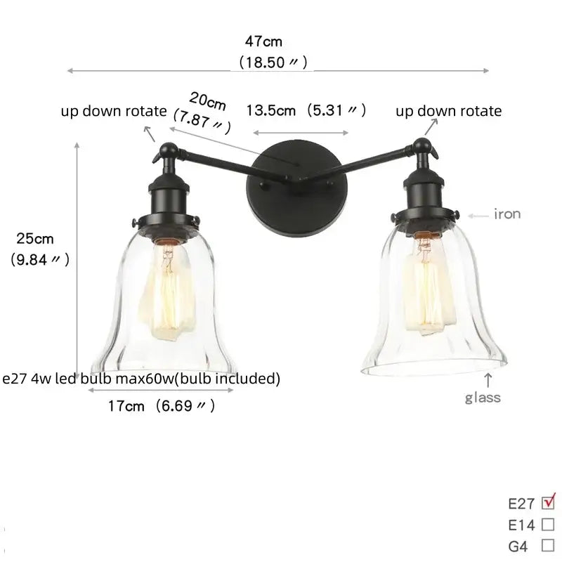 Black iron wall lamp with two clear glass bell shades and exposed edison bulbs decorbites black led wall sconce