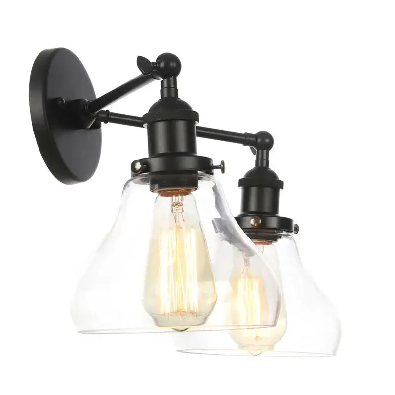 Black wrought iron industrial vintage black led wall lamp with two clear glass shades and exposed filament bulbs