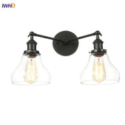 Black wrought iron industrial vintage black led wall lamp with clear glass bell shades and exposed filament bulbs